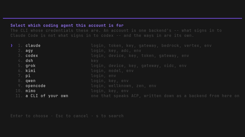 the backends a new account may be for, each with its ways in, and "a CLI of your own" last on
the list