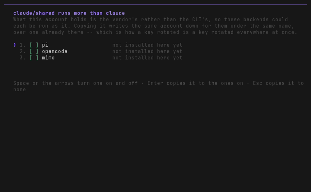 the question after claude/shared is made: pi, opencode and mimo, each marked not installed
here yet and each switched off