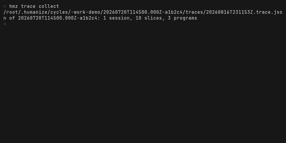 hmz trace collect writing into the last run's own directory: the path, the run it is of, and
1 session, 10 slices, 3 programs