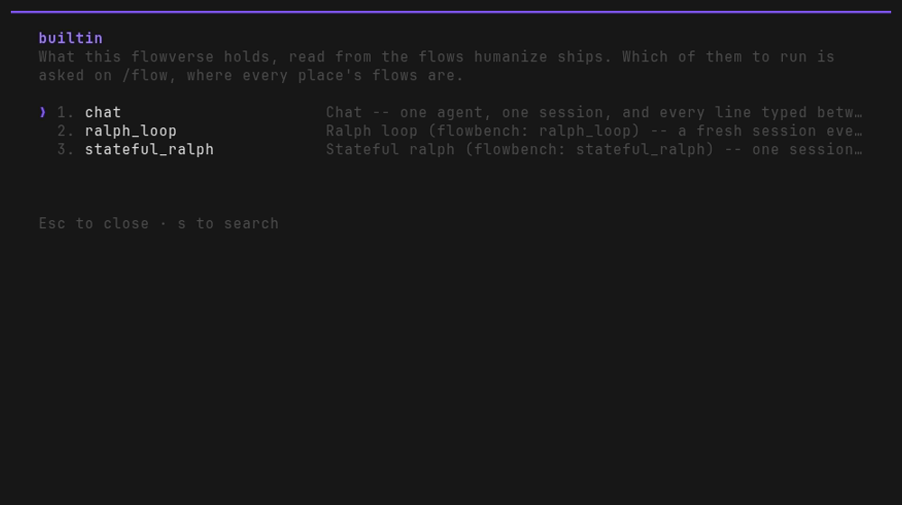 what builtin holds: chat, ralph_loop and stateful_ralph, each with the line its flow says
about itself