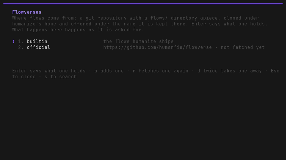 The /flowverses list: builtin, which holds the flows humanize ships, and official, a GitHub
URL marked as not fetched yet