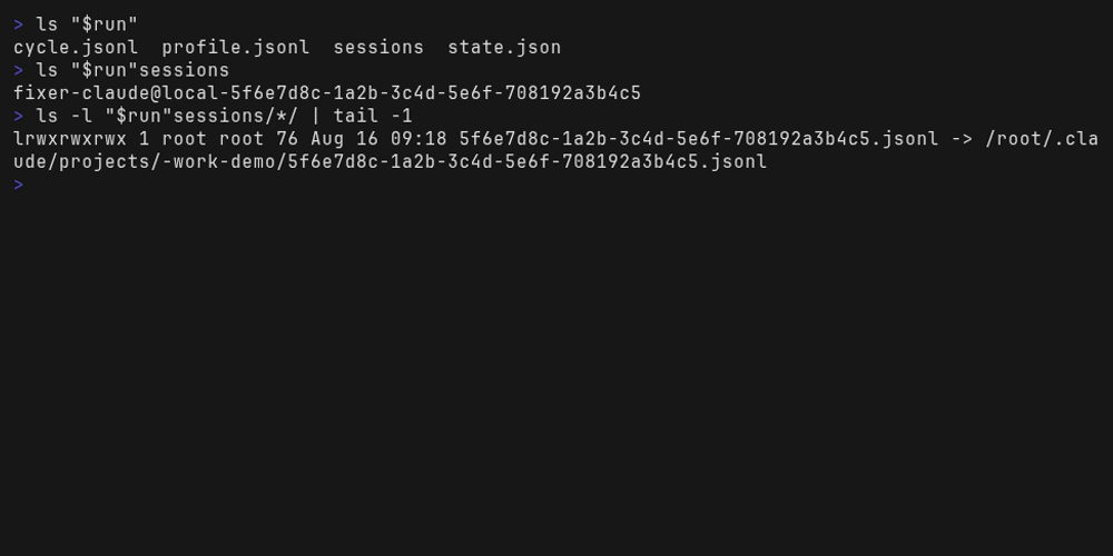 One run's sessions/ directory: a directory per session, named for its agent, CLI and account,
holding a symlink to the log Claude Code itself is writing